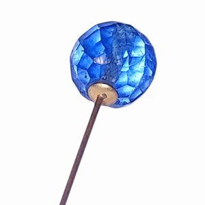 Long Hat Dress Pin Faceted Vintage Brass Blue Glass Bead Gold Tone Straight